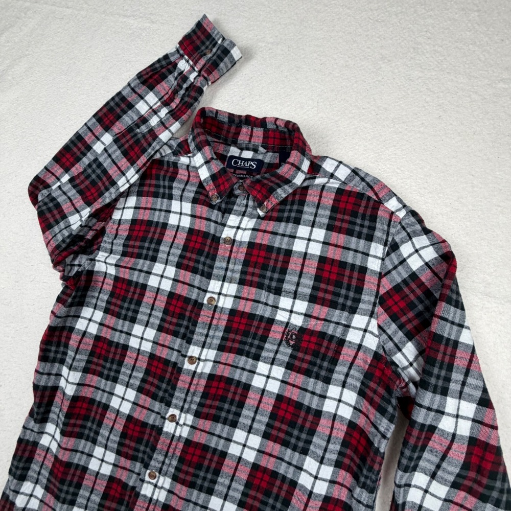 Chaps Performance Mens Medium Red Black White Plaid Flannel Button Down Shirt